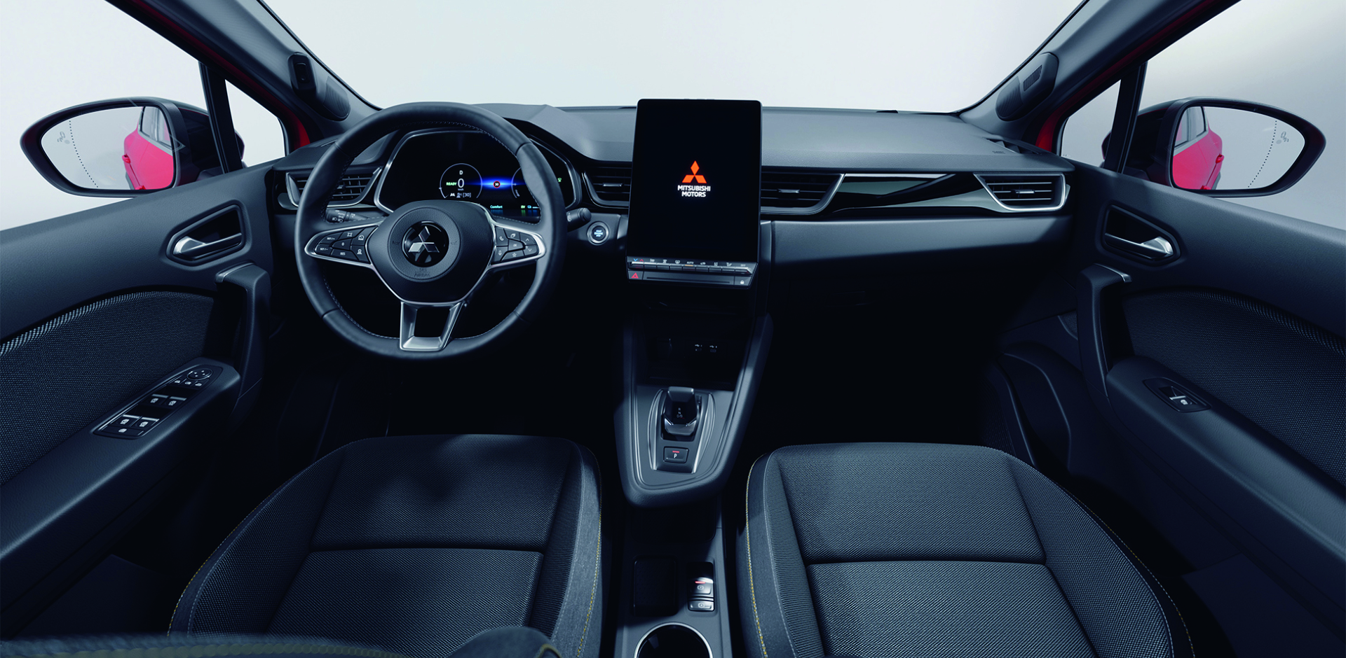 Mitsubishi ASX Select Innenraum-Ansicht mit schwarzen Sitzen, digitalem Cockpit, großem Touchscreen-Display und modernem Lenkrad